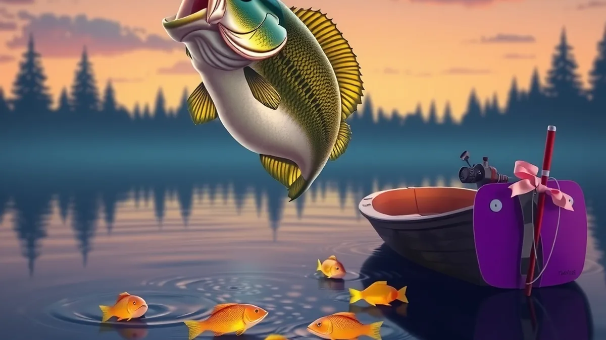 Bass leaping beside a fishing boat with golden money fish underwater