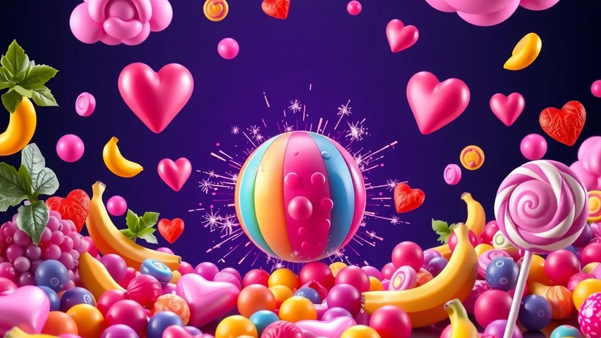 Rainbow candy bomb exploding among tumbling fruits and sweets