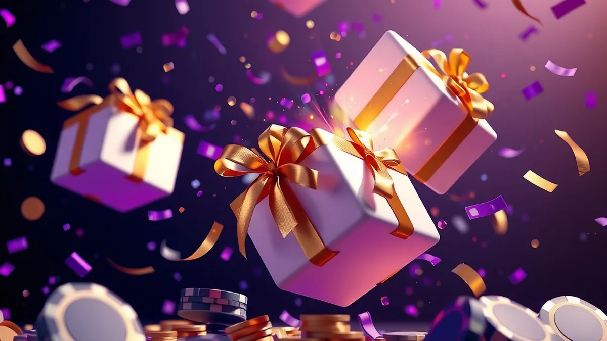 White and gold gift boxes with chips and confetti showing casino bonuses