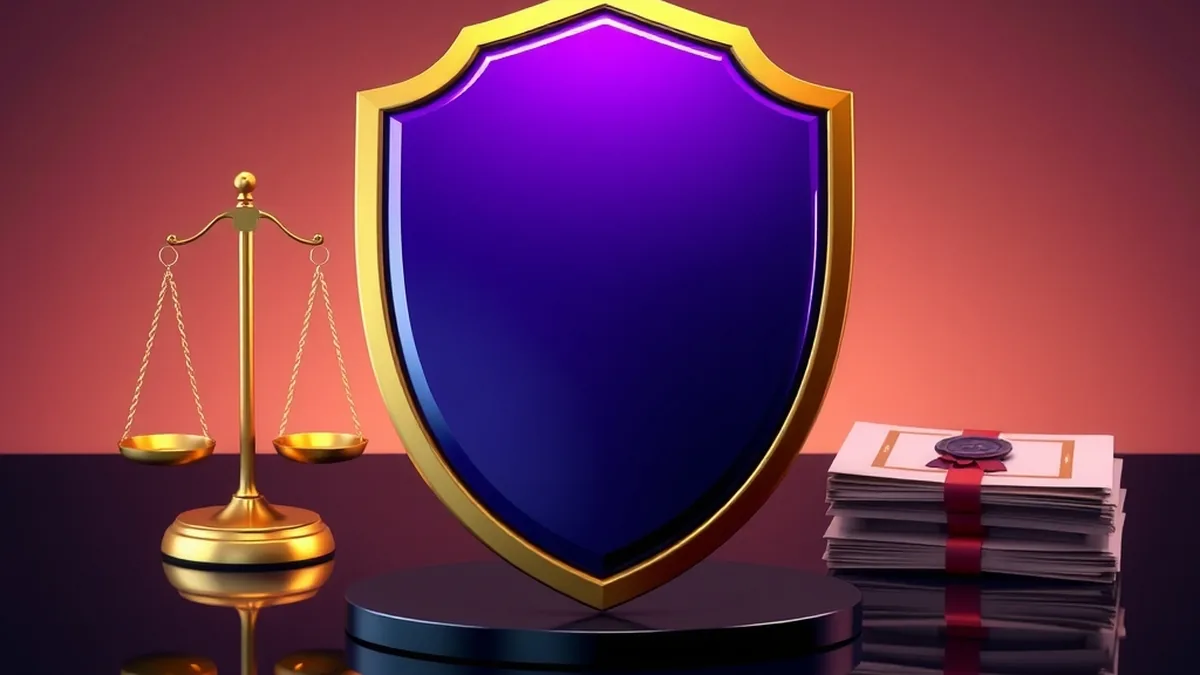 Violet shield, golden scales and sealed documents representing casino safety and licensing