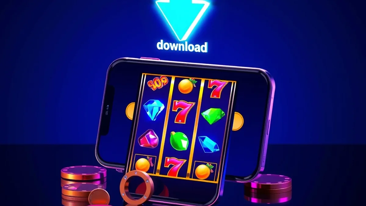 Smartphone with slot reels and download arrow for the casino app