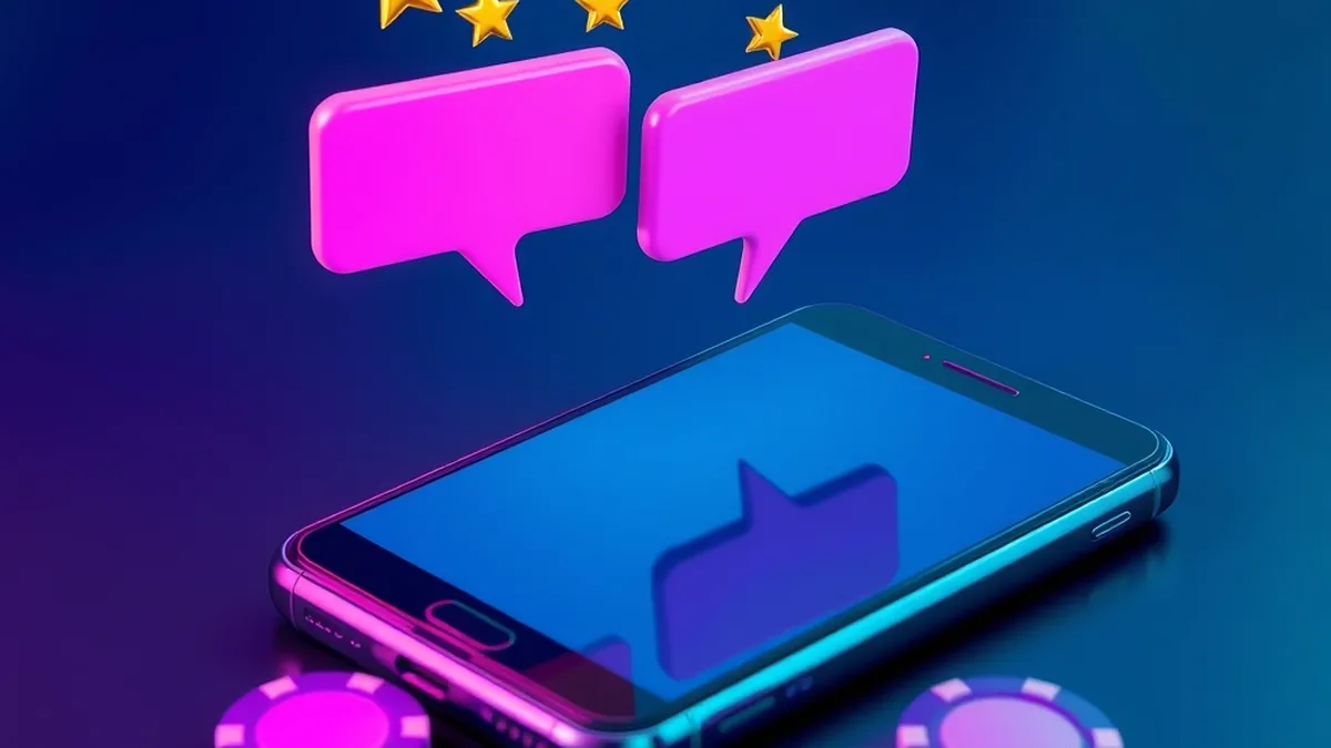 Golden rating stars and speech bubbles above a smartphone for casino reviews