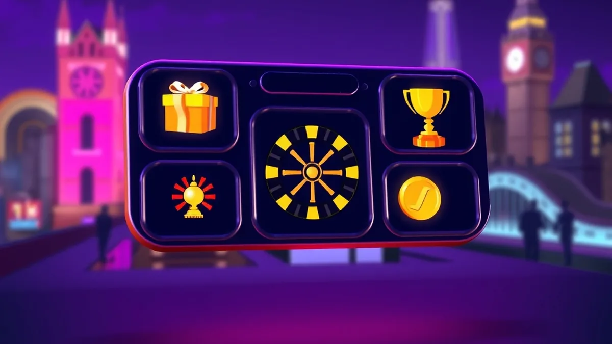 Floating casino icon tiles over a dark backdrop with London lights behind